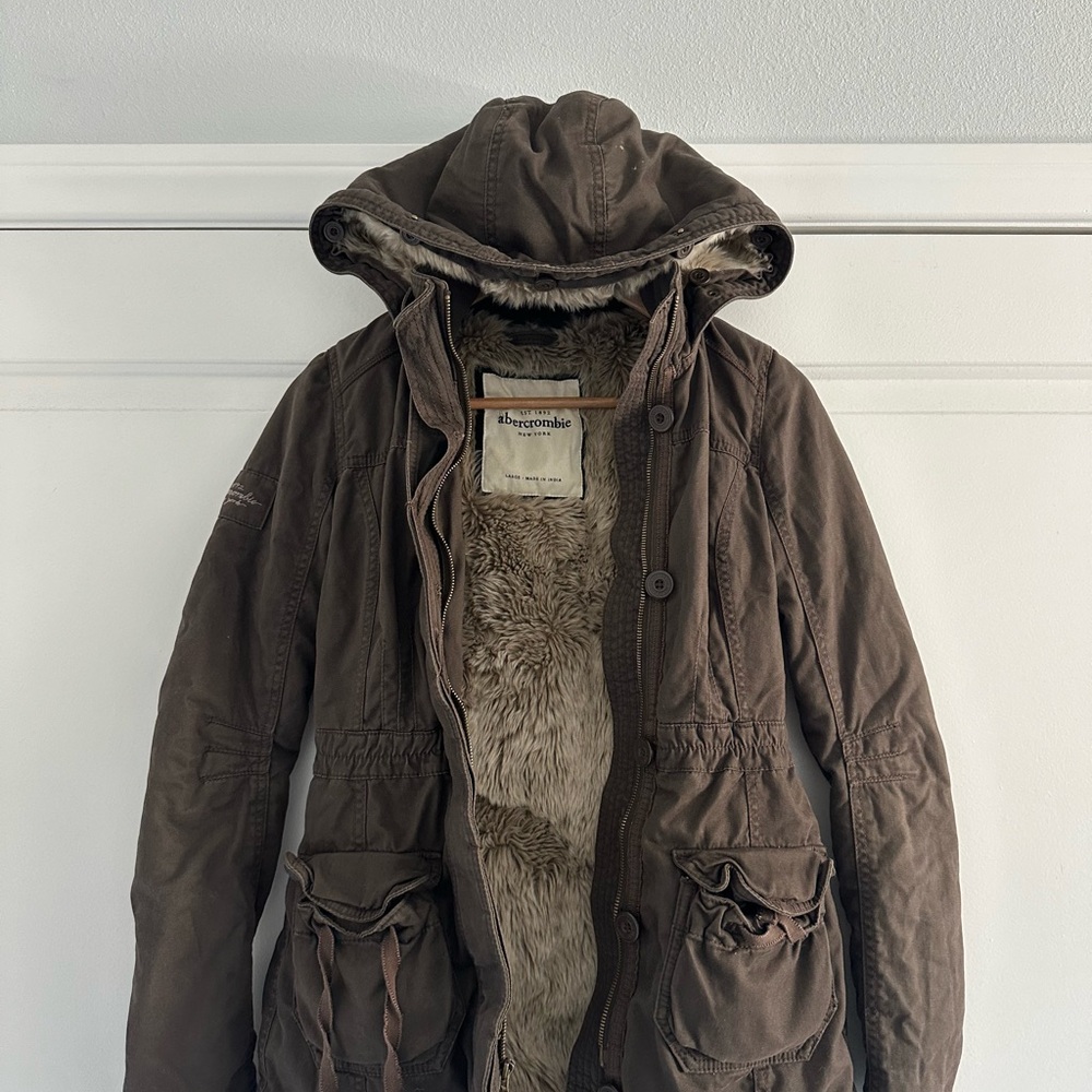 Abercrombie & Fitch hooded Fur Lined Utility Jacket Large Y2K vintage retro